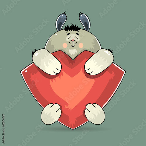 Vector: Adorable Valentine rabbit hugging a red heart Adorable Valentine rabbit hugging a red heart