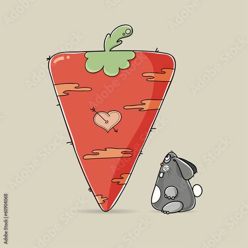 Vector: Adorable Valentine rabbit looking at big carrot Adorable Valentine rabbit looking at big carrot