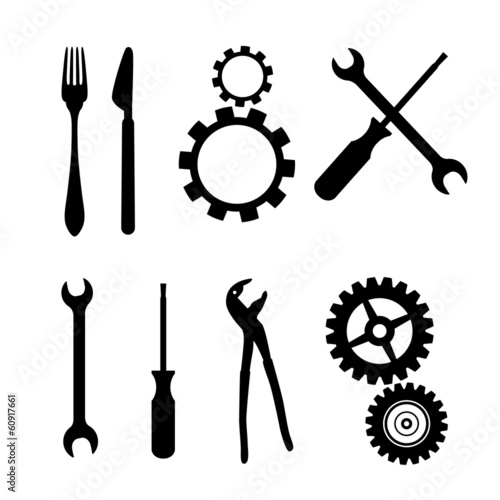 Vector: Cogs, Gears, Screwdriver, Pincers, Spanner Cogs, Gears, Screwdriver, Pincers, Spanner