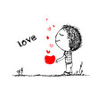 Boy with red heart, valentine card sketch for your design Boy with red heart, valentine card sketch for your design