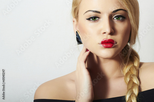 Photo: Beautiful Blond Woman with Heart on the Lips.Beauty Red Sexy Beautiful Blond Woman with Heart on the Lips.Beauty Red Sexy