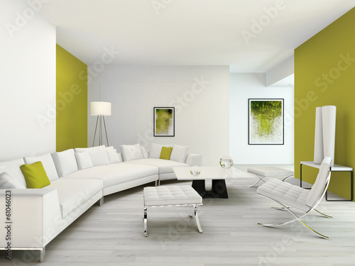 Illustration: Modern green and white colored living room interior Modern green and white colored living room interior