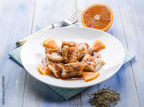 Photo: salted cod with orange juice and fennel seeds, selective focus salted cod with orange juice and fennel seeds, selective focus