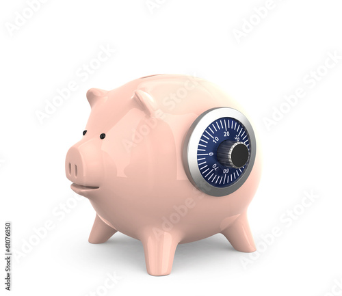 Illustration: Piggy bank with combination dial for financial security concept Piggy bank with combination dial for financial security concept