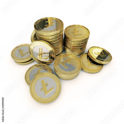 Illustration: Golden Litecoin digital currency coin. Golden Litecoin digital currency coin.