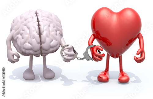 Illustration: brain and heart with arms and legs linked by handcuffs on hand brain and heart with arms and legs linked by handcuffs on hand