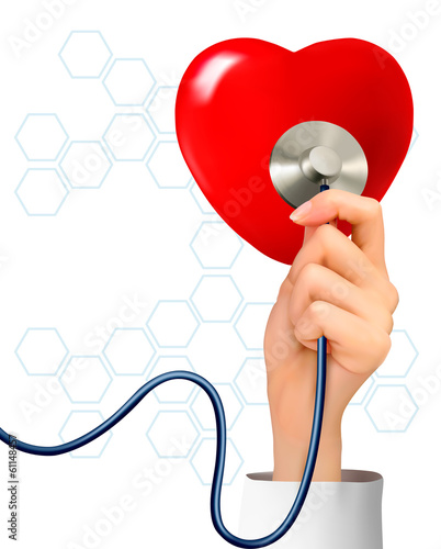 Vector: Background with hand holding a stethoscope against a heart. Vect Background with hand holding a stethoscope against a heart. Vect