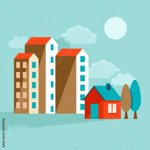 Vector: Vector flat illustration - landcsape with houses Vector flat illustration - landcsape with houses