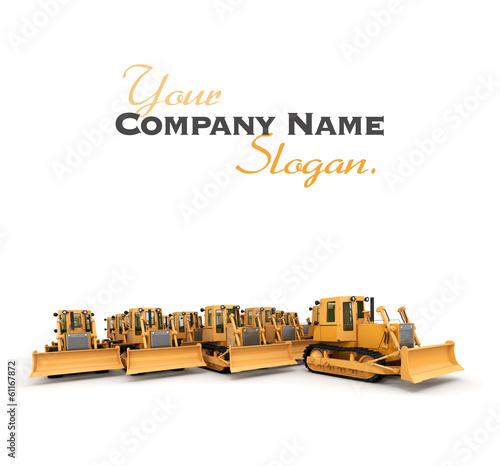 Illustration: Frontal view of a big group of bulldozers Frontal view of a big group of bulldozers