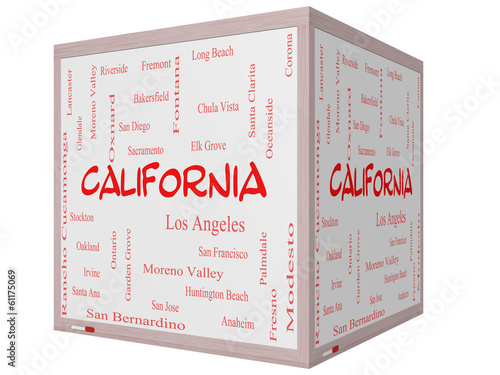 Illustration: California State Word Cloud Concept on a 3D cube Whiteboard California State Word Cloud Concept on a 3D cube Whiteboard