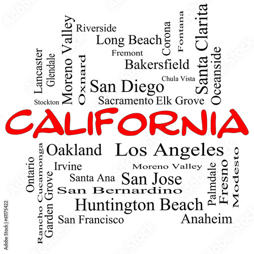Illustration: California State Word Cloud Concept in red caps California State Word Cloud Concept in red caps