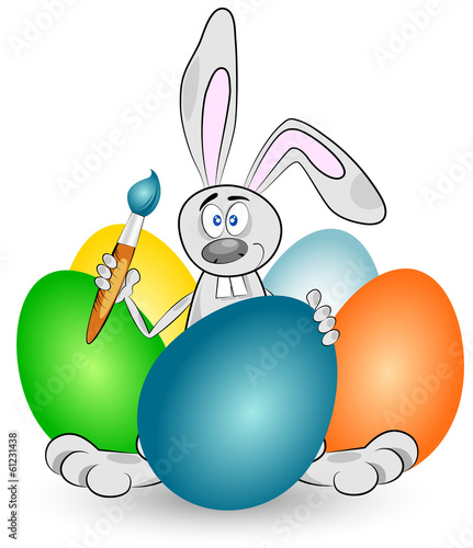 Vector: Easter rabbit paints eggs holiday card Easter rabbit paints eggs holiday card