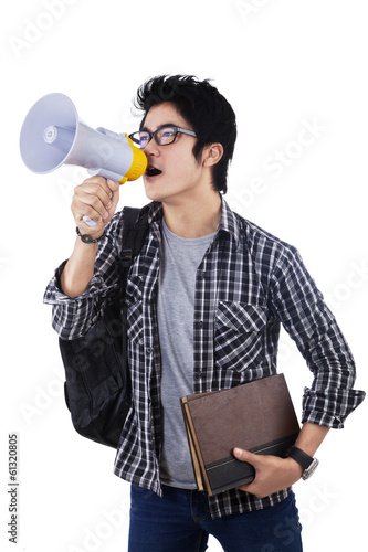 Photo: Student shouting through megaphone Student shouting through megaphone