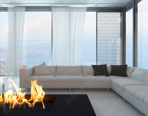 Illustration: White living room interior with fireplace White living room interior with fireplace