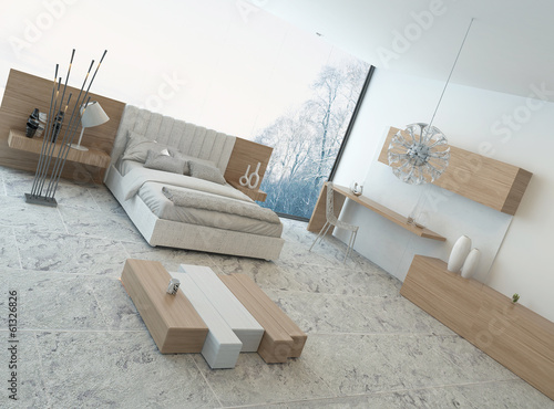 Illustration: Modern bedroom with floor to ceiling windows Modern bedroom with floor to ceiling windows