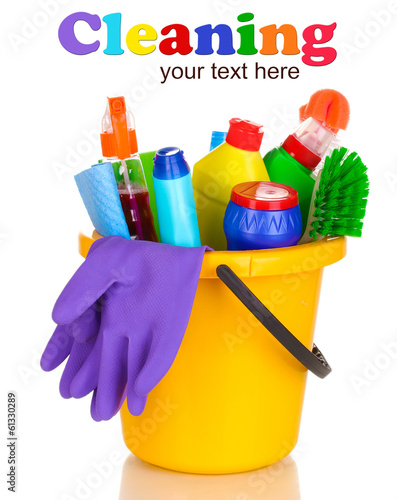 Photo: Cleaning items in bucket isolated on white Cleaning items in bucket isolated on white