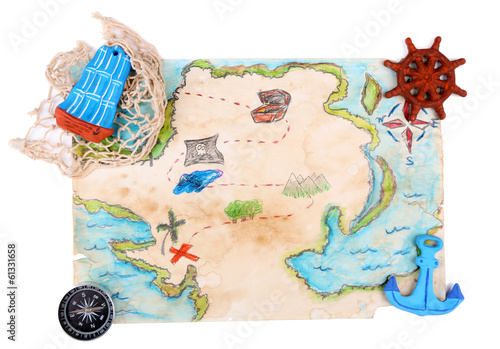 Photo: Treasure map with sea accessories, isolated on white Treasure map with sea accessories, isolated on white
