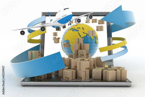 Illustration: Cardboard boxes around globe on laptop screen and airplane Cardboard boxes around globe on laptop screen and airplane