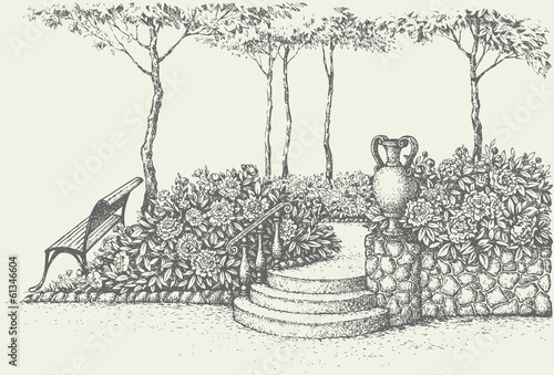 Vector landscape. Park bench by flowerbeds under trees near stai