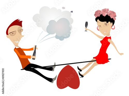 Vector: Two lovers swing on a seesaw and drink champagne Two lovers swing on a seesaw and drink champagne