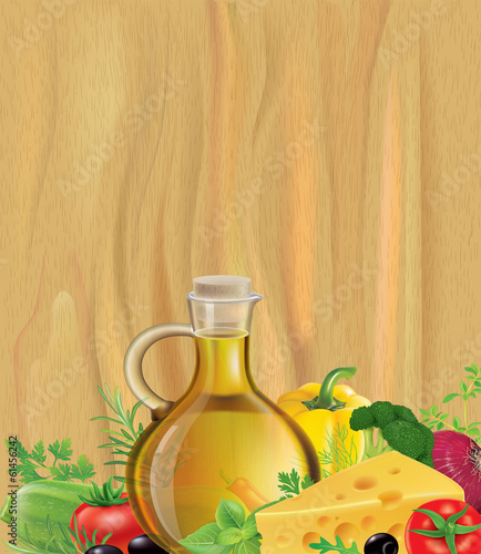 Vector: Vegetables, olive oil, wood Vegetables, olive oil, wood