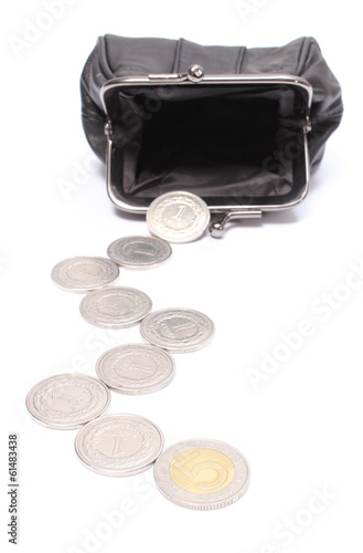 Photo: Coins with black leather purse. White background Coins with black leather purse. White background