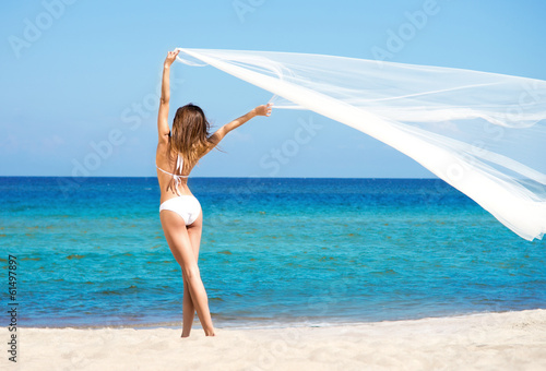 Photo: A beautiful woman in a swimsuit posing on the beach A beautiful woman in a swimsuit posing on the beach