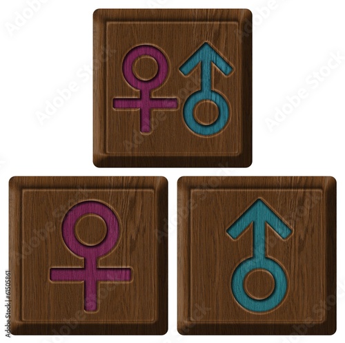 Photo: Male and female signs, wooden label Male and female signs, wooden label