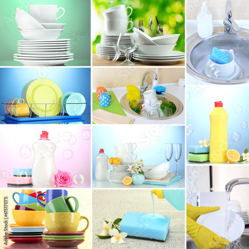 Photo: Collage of washing dishes, close-up Collage of washing dishes, close-up