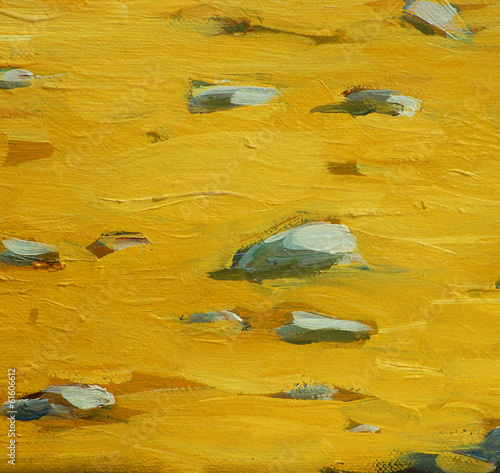 Illustration: golden beach sand on sea coast, painting by oil on canvas, illus golden beach sand on sea coast, painting by oil on canvas, illus