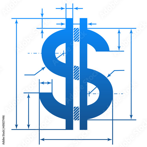 Vector: Dollar symbol with dimension lines for blueprint drawing Dollar symbol with dimension lines for blueprint drawing