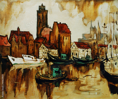 Illustration: old harbour in the german city wismar, painting by oil on canvas old harbour in the german city wismar, painting by oil on canvas