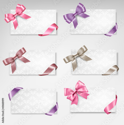 Vector: Set of beautiful gift cards with colorful gift bows with ribbons Set of beautiful gift cards with colorful gift bows with ribbons