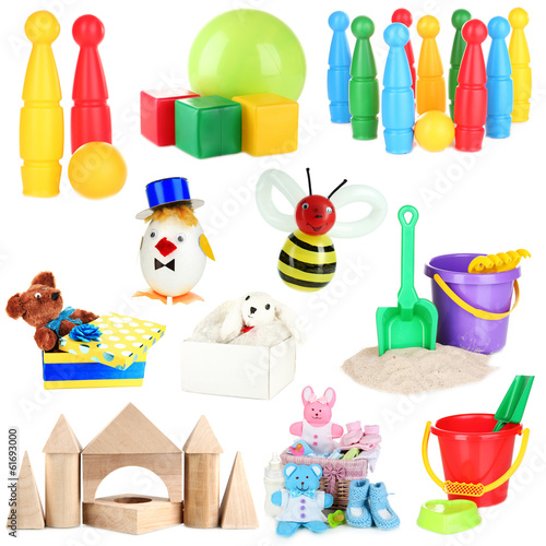 Photo: Collage of children toys isolated on white Collage of children toys isolated on white