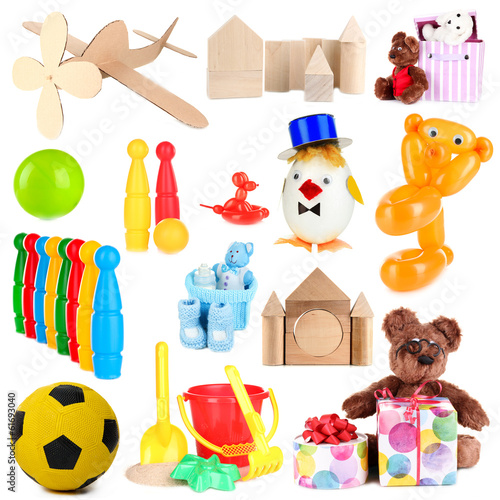 Photo: Collage of children toys isolated on white Collage of children toys isolated on white