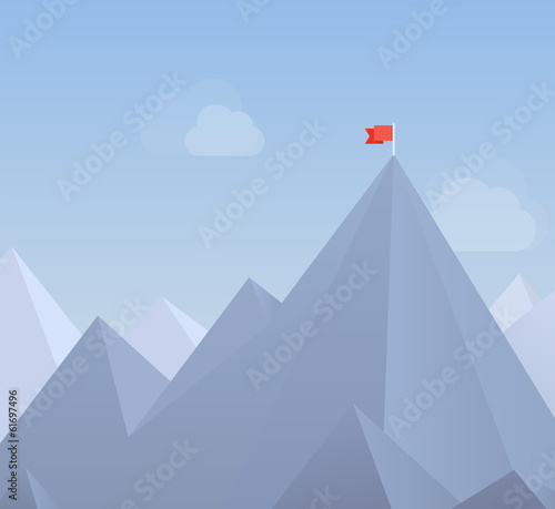 Vector: Flag on a mountain peak flat illustration Flag on a mountain peak flat illustration