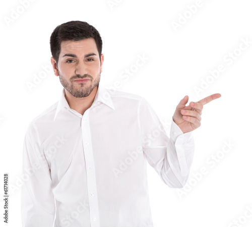 Photo: Skeptischer Mann isoliert in weiß mit Zeigefinger Skeptischer Mann isoliert in weiß mit Zeigefinger