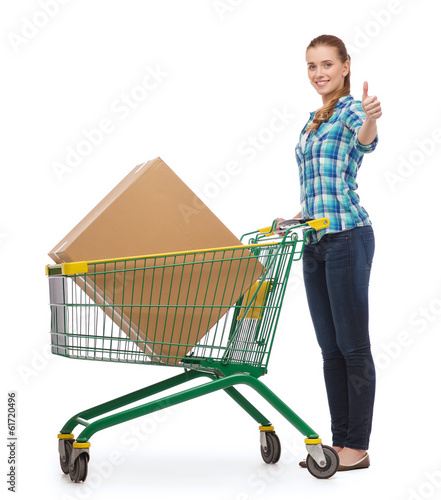 Photo: smiling young woman with shopping cart smiling young woman with shopping cart