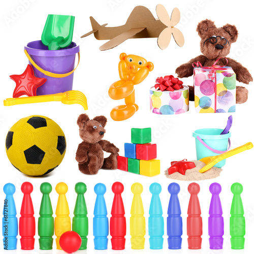 Photo: Collage of children toys isolated on white Collage of children toys isolated on white
