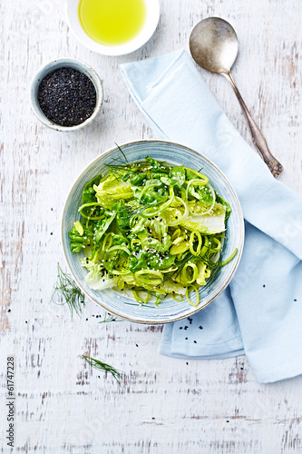 Photo: Bowl of Green Salad made with Lettuce, Leek and Sesame Seeds Bowl of Green Salad made with Lettuce, Leek and Sesame Seeds