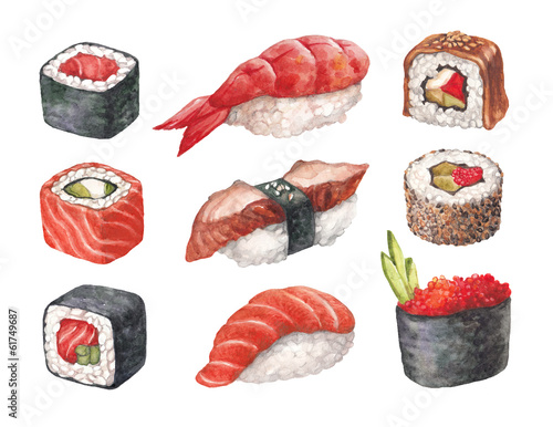 Delicious sushi. Watercollor illustrations Delicious sushi. Watercollor illustrations