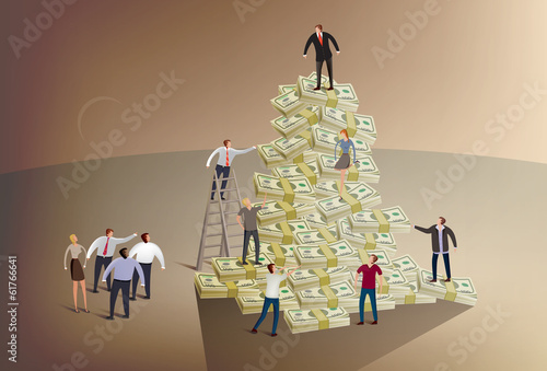Vector: Illustration of a business people climbing a pile of money Illustration of a business people climbing a pile of money