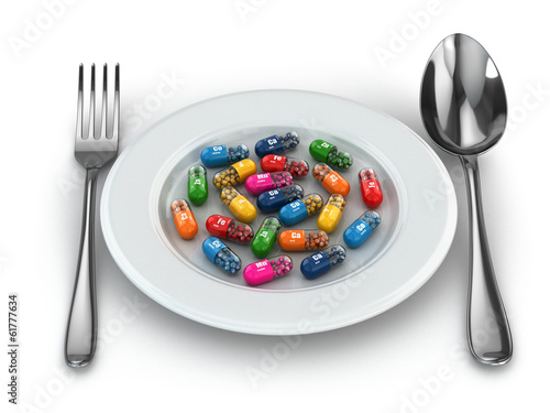 Illustration: Dietary supplements. Variety pills. Vitamin capsules on plate. Dietary supplements. Variety pills. Vitamin capsules on plate.
