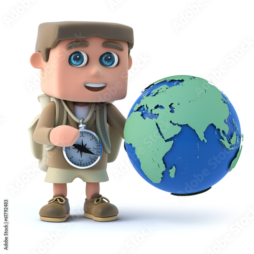 Illustration: 3d Hiker studies the globe 3d Hiker studies the globe