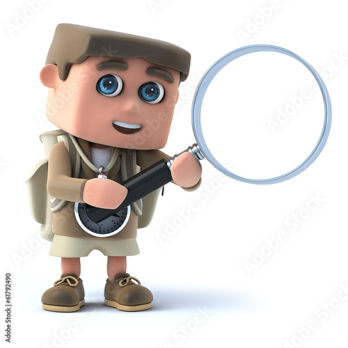 Illustration: 3d Hiker with magnifying glass 3d Hiker with magnifying glass