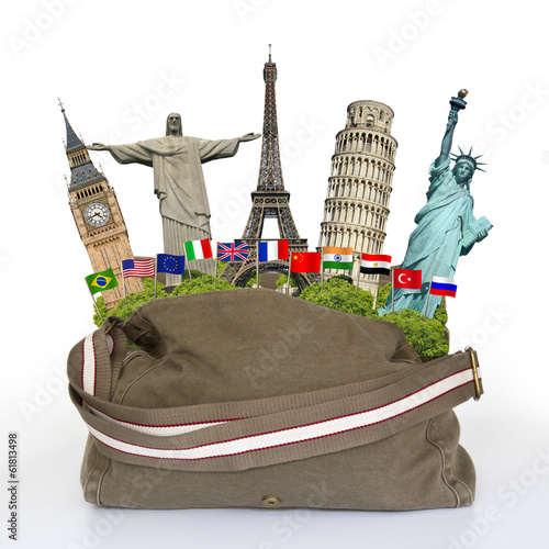 Photo: Travel the world baggage monument concept Travel the world baggage monument concept