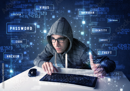 Photo: Hacker programing in technology enviroment with cyber icons Hacker programing in technology enviroment with cyber icons
