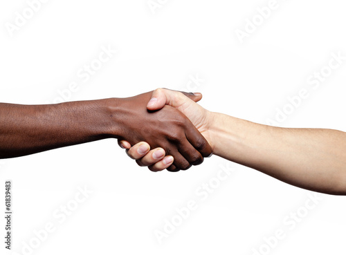 Photo: Handshake between african and a caucasian man, isolated on a whi Handshake between african and a caucasian man, isolated on a whi