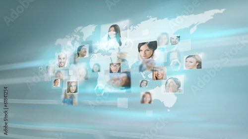 Photo: Collection of different people portraits placed as world map sha Collection of different people portraits placed as world map sha