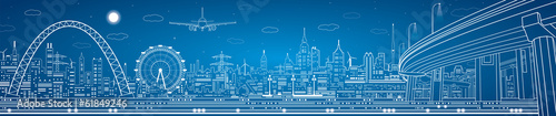 Vector: Industrial panorama, technology landscape night city Industrial panorama, technology landscape night city
